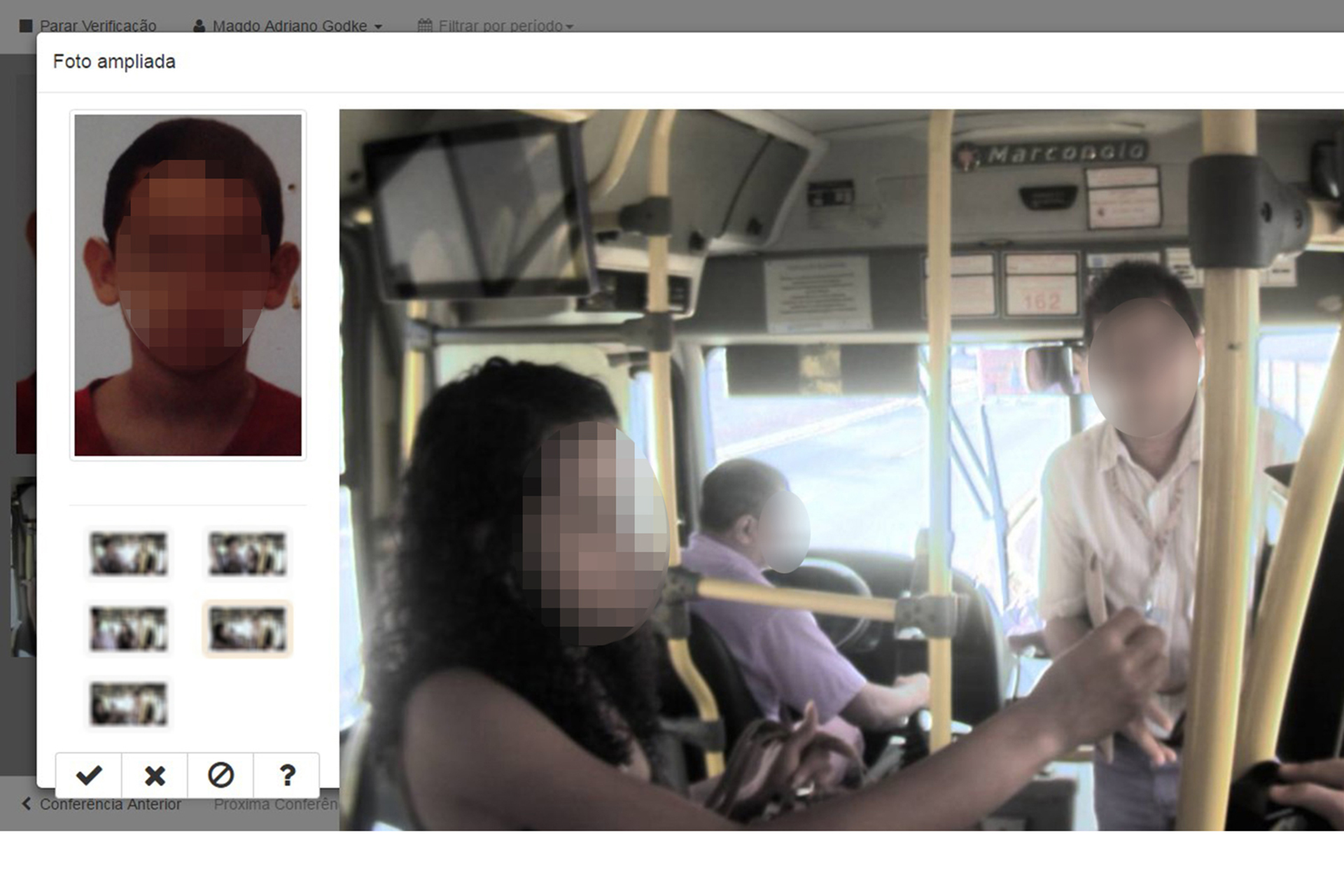Imagens cedidas pela Secretaria de Mobilidade mostram reprodução das telas do sistema do controle das câmeras de identificação biométrica facial, com exemplos de uso irregular dos cartões do Passe Livre.