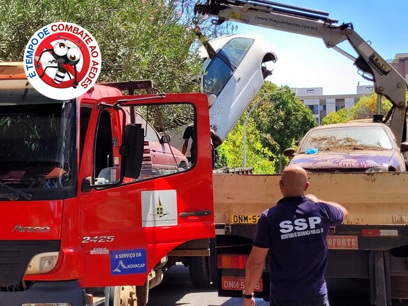 Os carros são levados para o depósito do 3º Distrito Rodoviário, onde os agentes de Vigilância Ambiental aplicam soluções e fazem o controle vetorial| Foto: SSP/DF